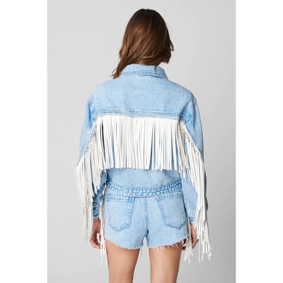 BlankNYC Jacket Nice Try Blue Denim White Fringe Button - Picture 4 of 14